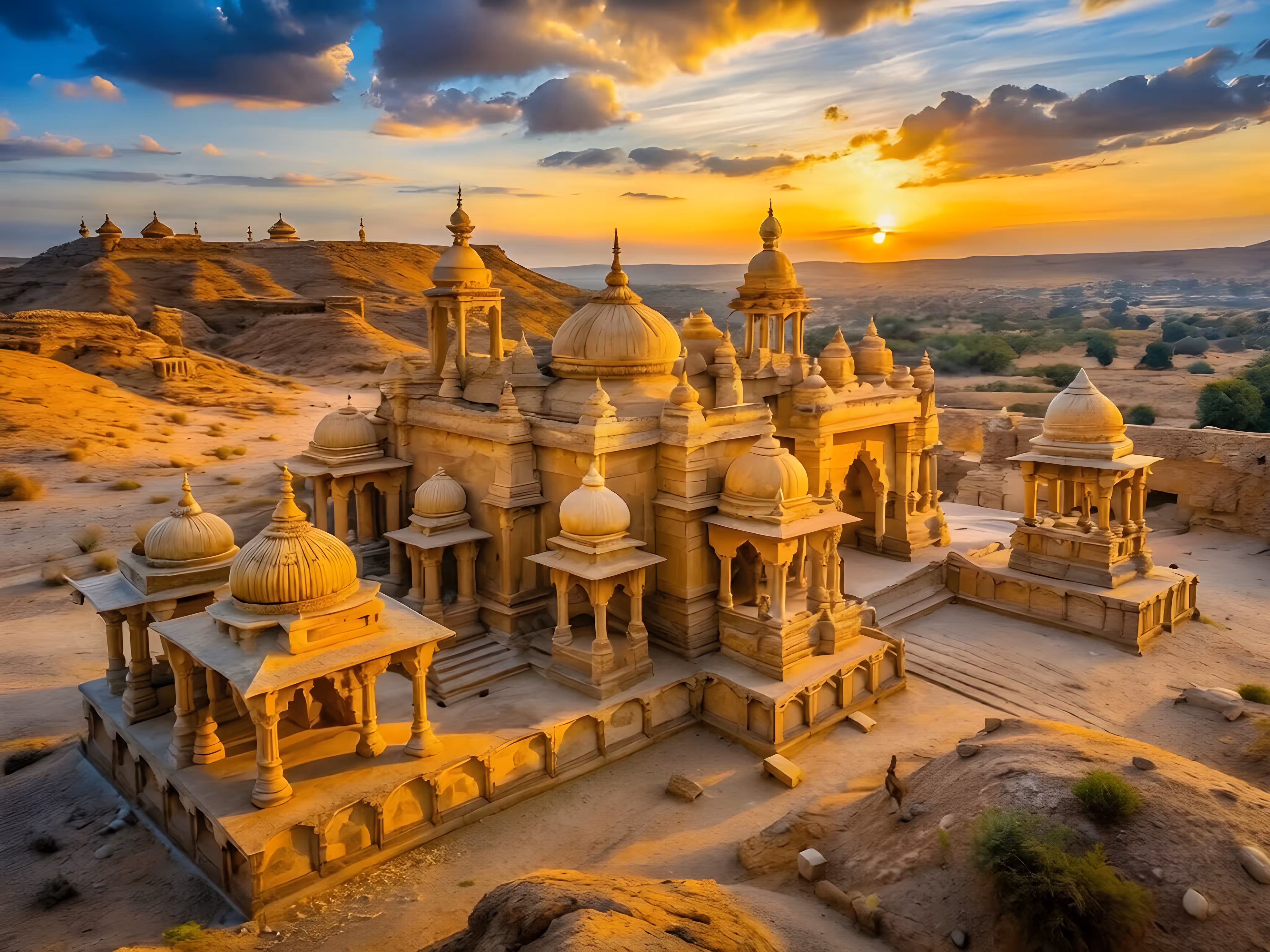 Bada Bagh Jaisalmer Rajasthan con cenotafios reales al atardecer durante un viaje de lujo al norte de India con Nepal