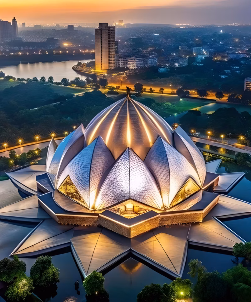 Templo del Loto en Nueva Delhi durante viaje triángulo dorado India lujo con arquitectura moderna y entorno espiritual