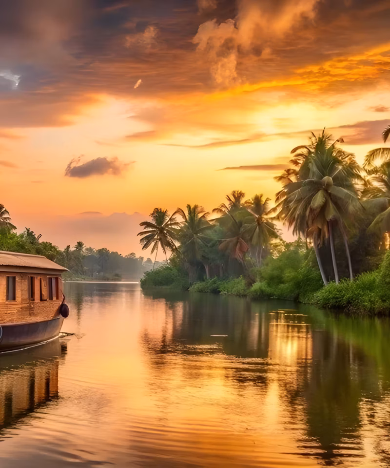 Barco casa navegando por los tranquilos canales de Alleppey rodeados de palmeras