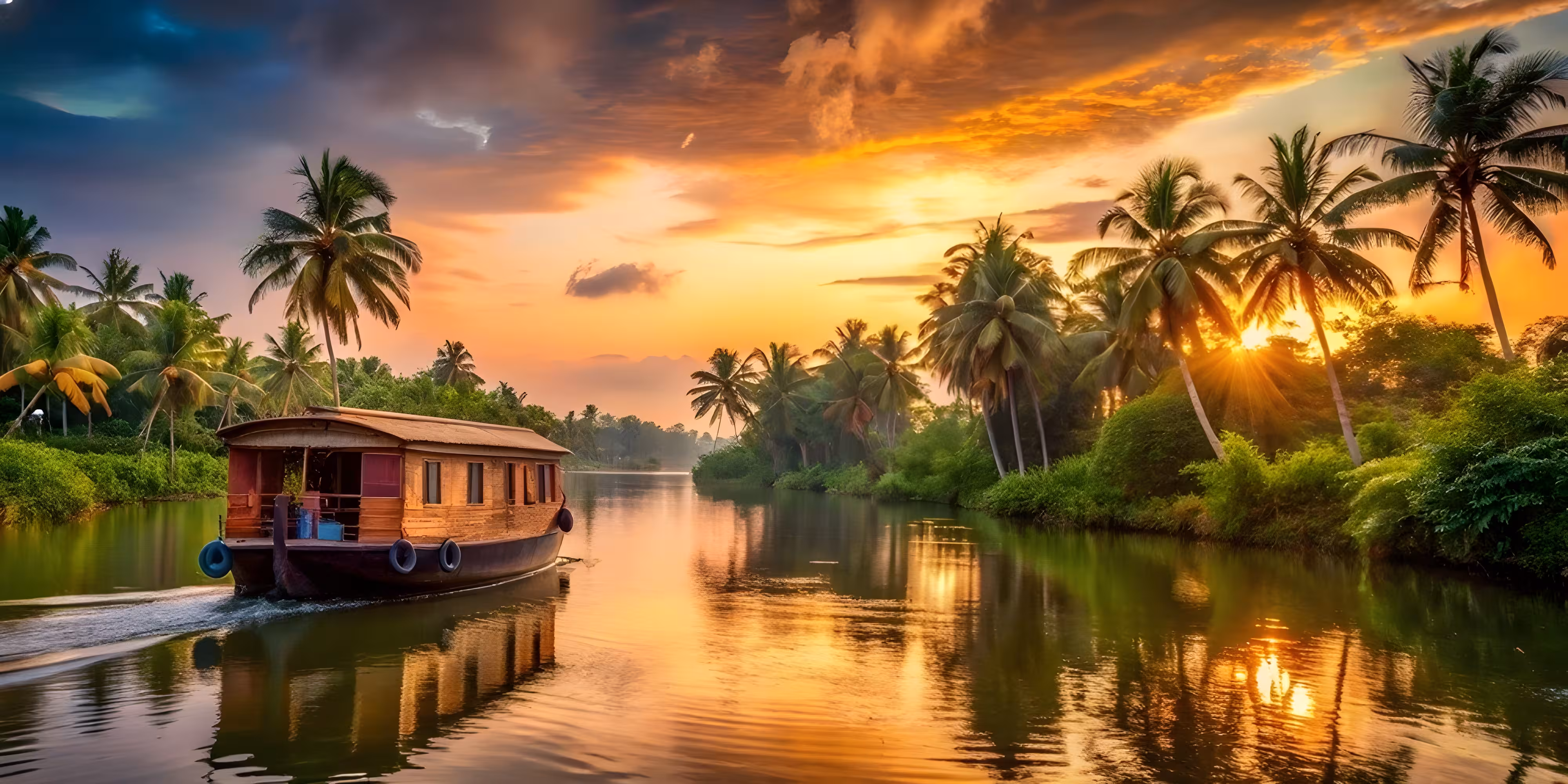 Barco casa navegando por los tranquilos canales de Alleppey rodeados de palmeras