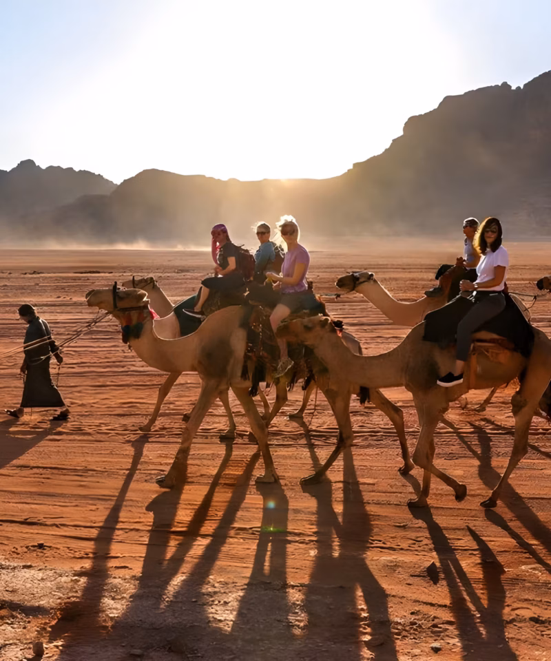 Safari en camello en el desierto de Thar en Rajasthan durante un tour de lujo en India con atardecer dorado y experiencia cultural auténtica