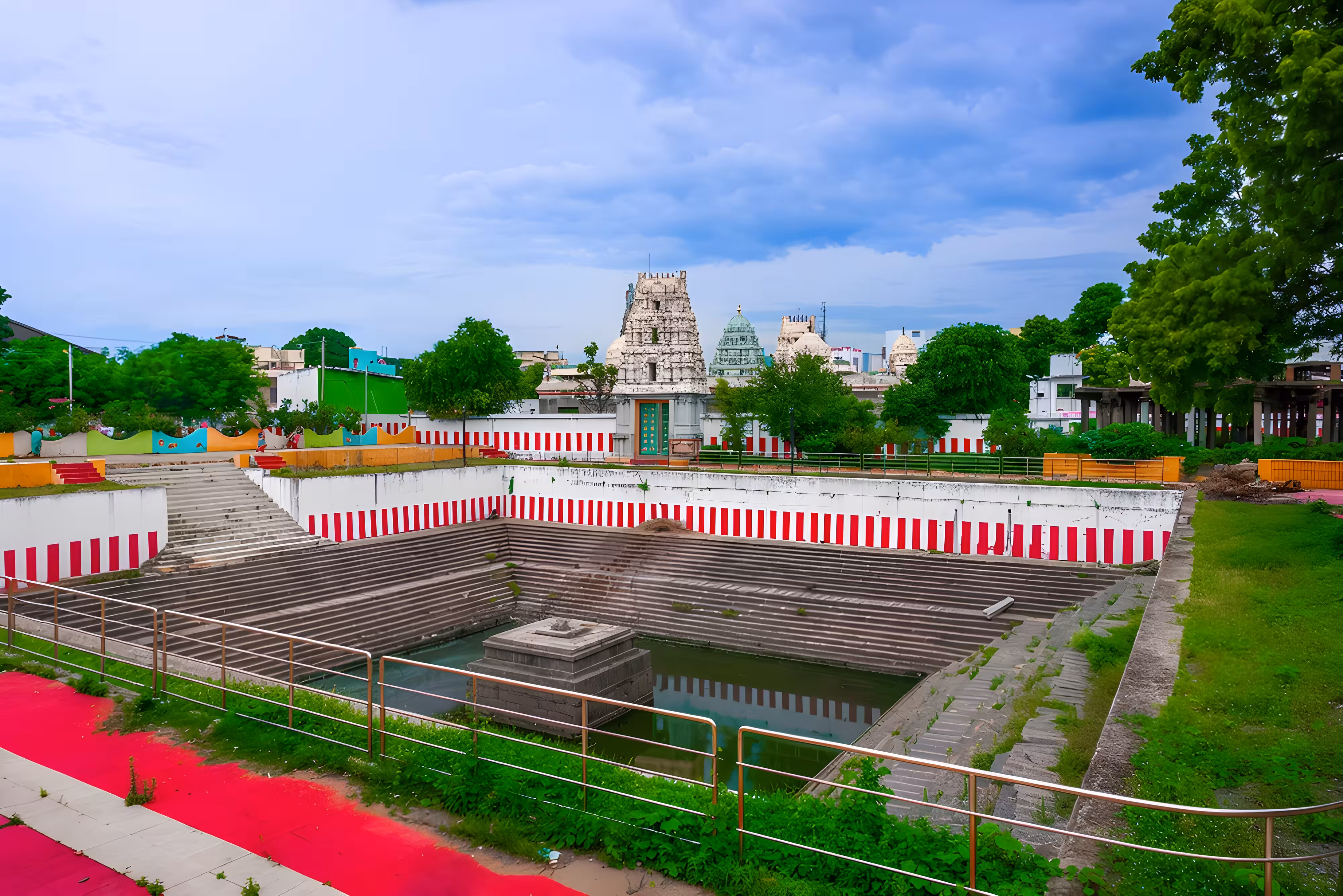Vista de Kanchipuram en el sur de la India, con templos hindúes tradicionales y arquitectura histórica.