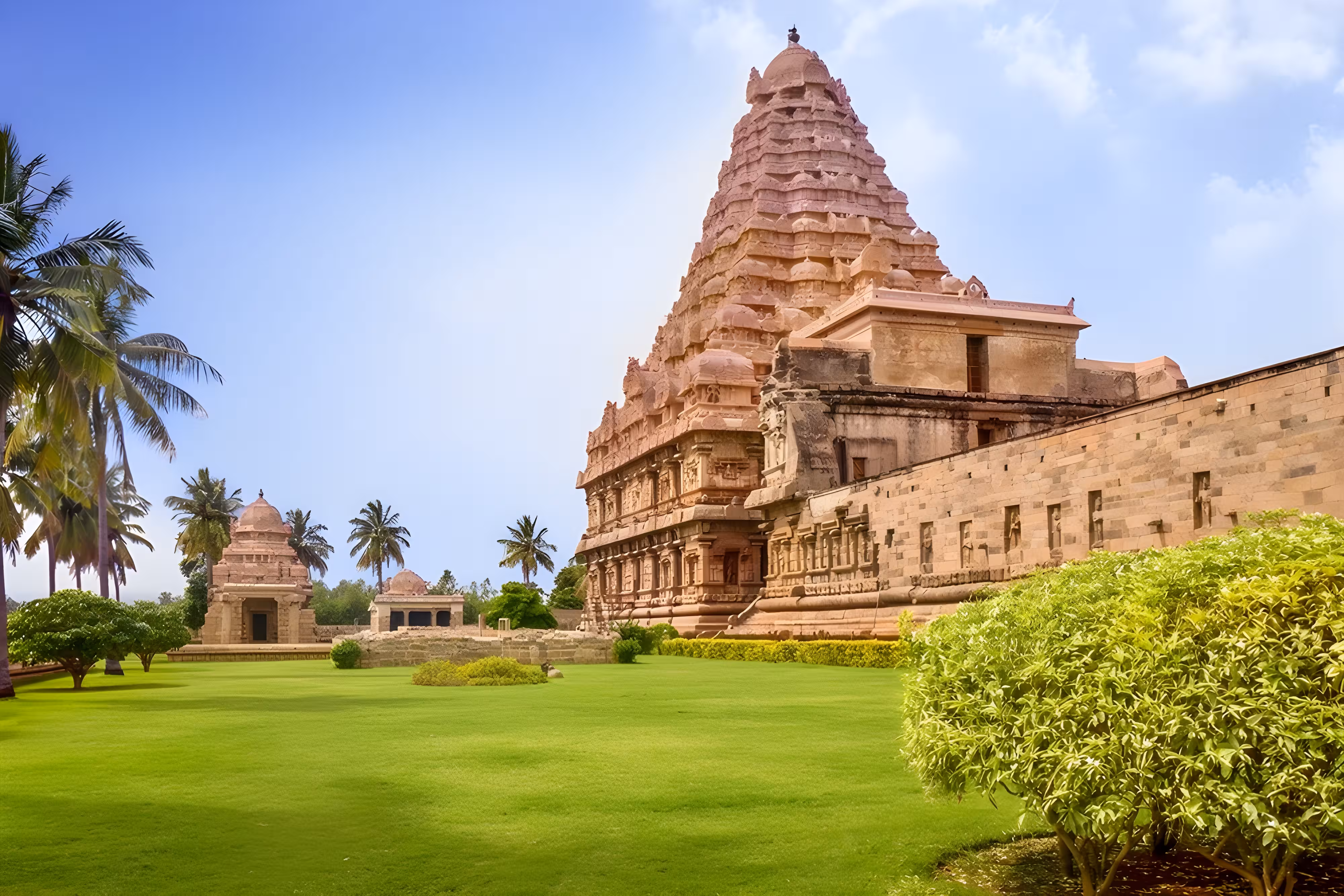Vista del templo Brihadeeswarar en Tanjore con arquitectura dravídica y su imponente torre vimana